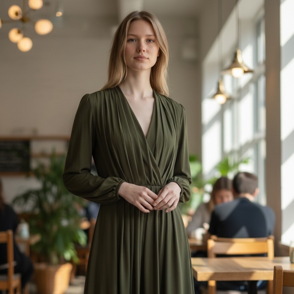 🌿 Alex Marie Pleated Midi Dress – Olive Green (Size 4)